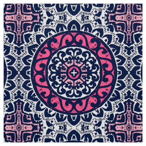 Southwestern Sun Mandala, Fuchsia, Navy & White Fabric