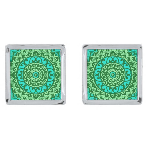 Southwestern Sun Mandala  Green and Turquoise Cufflinks