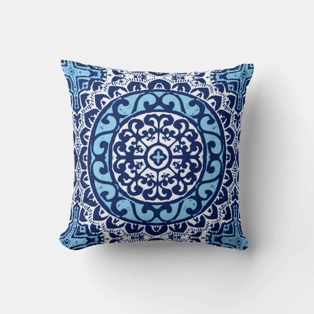 Southwestern Sun Mandala, Navy Blue & White Throw Pillow (Front)
