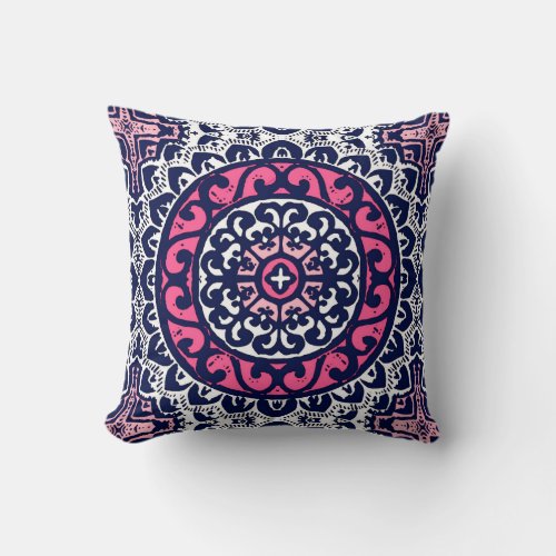 Southwestern Sun Mandala Pink Navy  White Throw Pillow