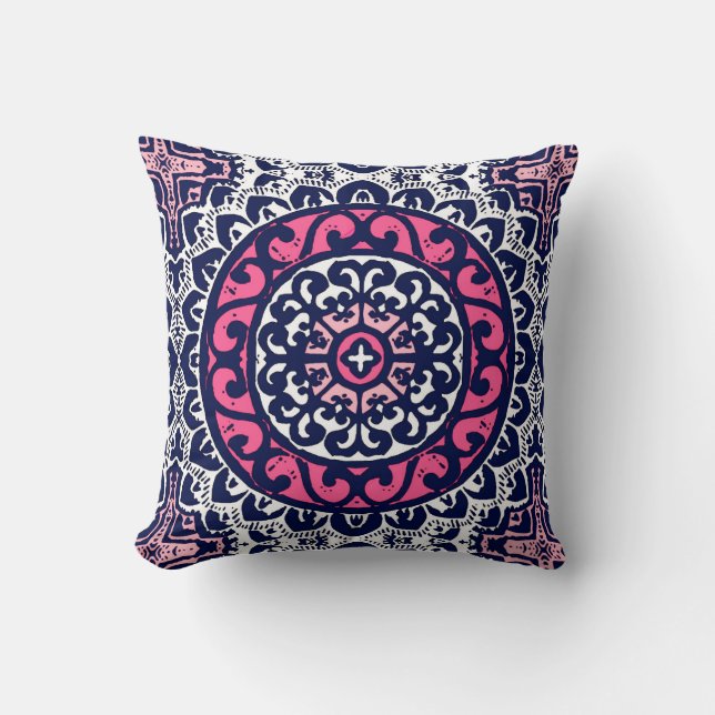 Southwestern Sun Mandala, Pink, Navy & White Throw Pillow (Front)