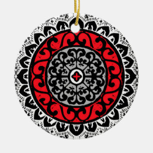 Southwestern Sun Mandala, Red, Black & White Ceramic Ornament