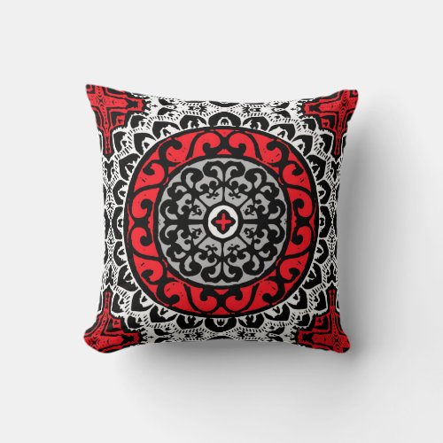 Southwestern Sun Mandala Red Black  White Throw Pillow