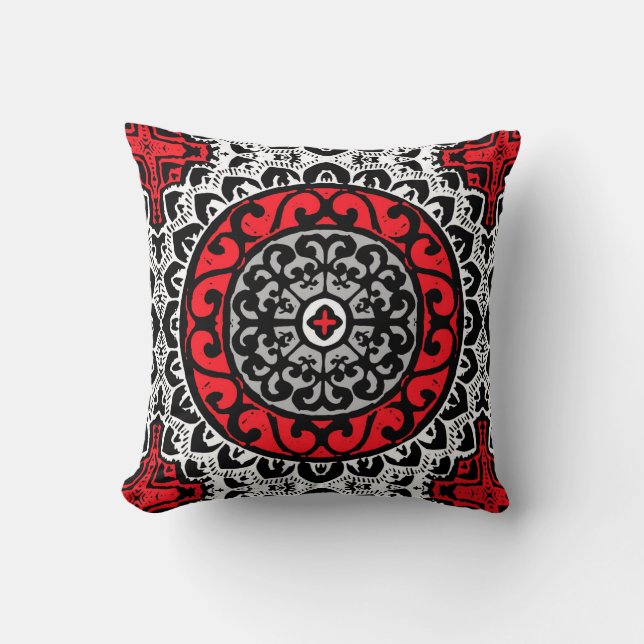 Southwestern Sun Mandala, Red, Black & White Throw Pillow (Front)