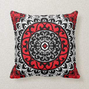 Southwestern Sun Mandala, Red, Black & White Throw Pillow