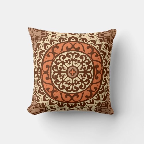 Southwestern Sun Mandala Rust  Brown Throw Pillow