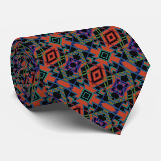 Southwestern Symmetrical Tiled Pattern Line Art Ne Neck Tie (Rolled)