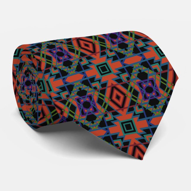 Southwestern Symmetrical Tiled Pattern Line Art Neck Tie (Rolled)