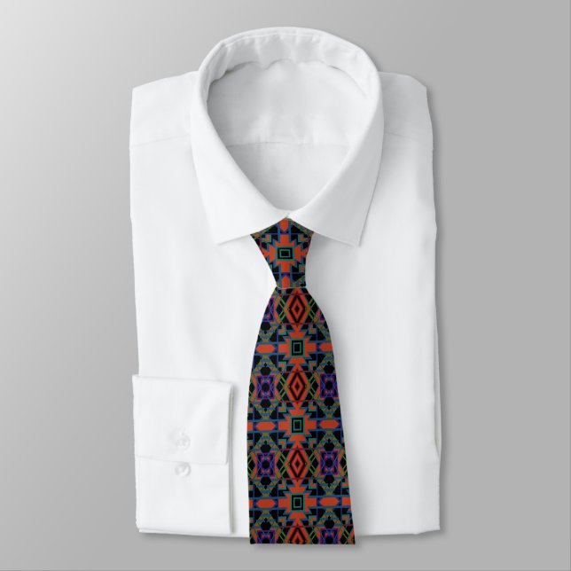 Southwestern Symmetrical Tiled Pattern Line Art Neck Tie (Tied)