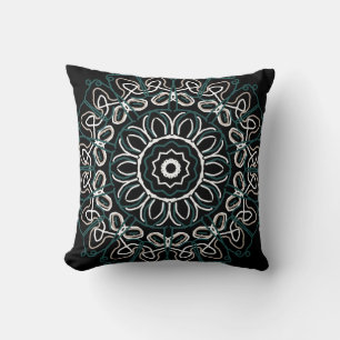 Southwestern Teal Beige Scribble Design on blk Throw Pillow