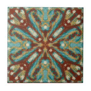 Southwestern Teal Brown Kaleidoscope Ceramic Tile