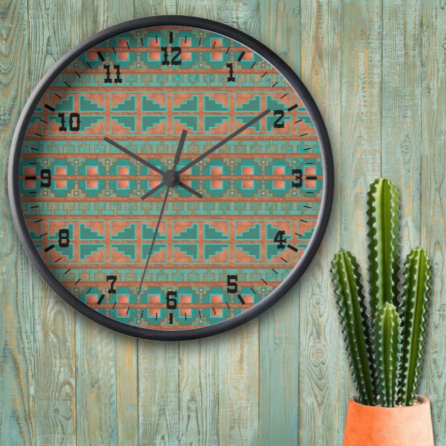 Southwestern Teal Copper Colors Geometric Pattern Clock (Southwest Geometric Teal and Copper colors wall clocks)