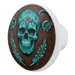 Southwestern Teal Día De Muertos Sugar Skull Ceramic Knob