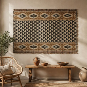 Southwestern Tribal Black Cream Tan Aztec Throw Blanket
