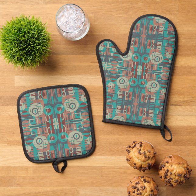 Southwestern Tribal Geometric Shapes Abstract Art Oven Mitt & Pot Holder Set (Top Down)