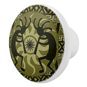 Southwestern Tribal Sun Aztec Pattern Kokopelli Ceramic Knob