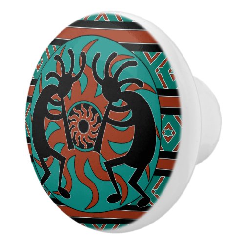 Southwestern Turquoise Tribal Sun Kokopelli Ceramic Knob