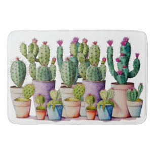 Southwestern watercolor cactus succulents in pots bath mat