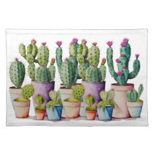 Southwestern watercolor cactus succulents in pots cloth placemat