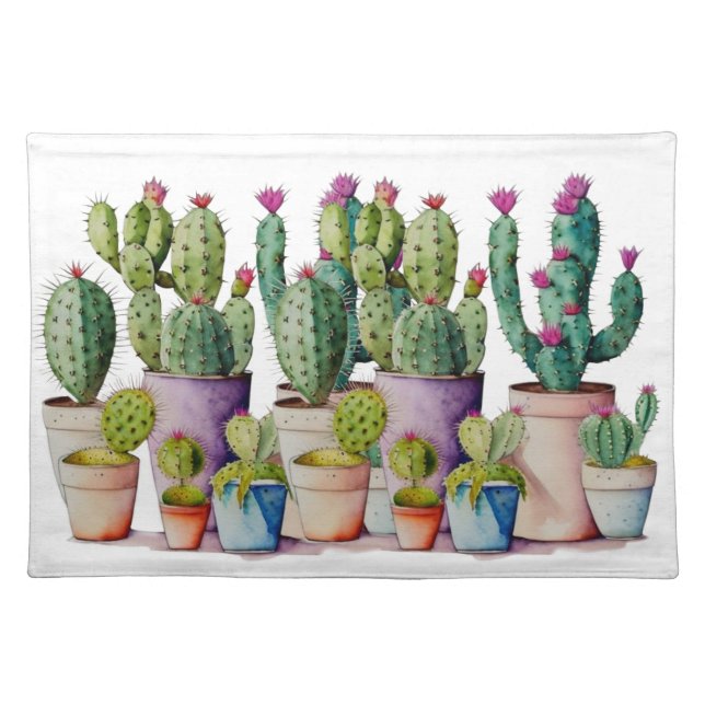 Southwestern watercolor cactus succulents in pots cloth placemat (Front)