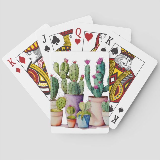 Southwestern watercolor cactus succulents in pots poker cards (Back)