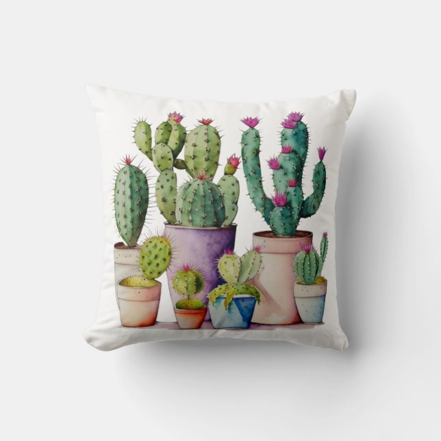Southwestern watercolor cactus succulents in pots throw pillow (Front)