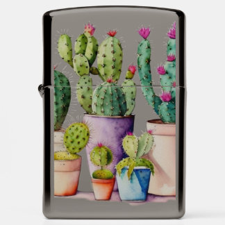 Southwestern watercolor cactus succulents in pots zippo lighter