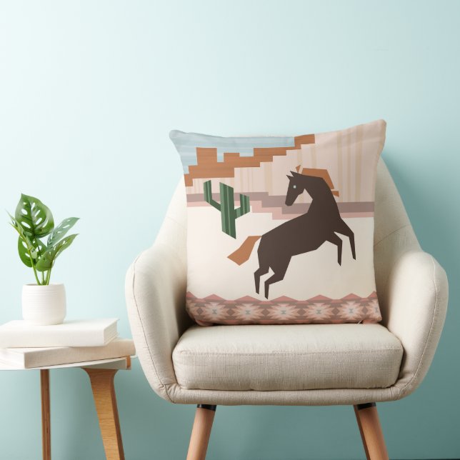 Southwestern Wild Brown Horse & Cactus | Throw Pillow (Chair)