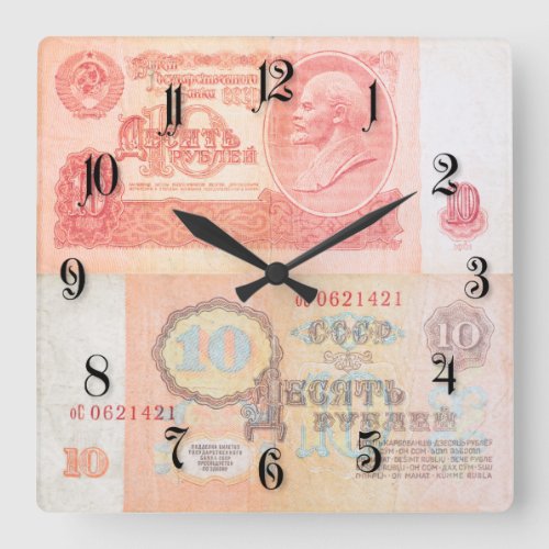Soviet 10 ruble banknote square wall clock