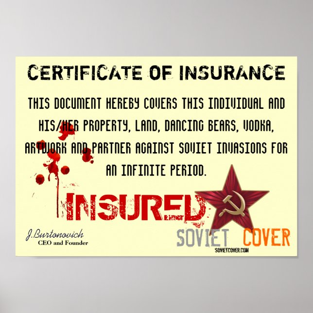 Soviet Cover Certificate Of Insurance Poster (Front)