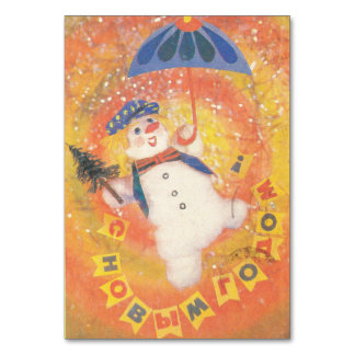Soviet snowman with spruce tree and umbrella table number