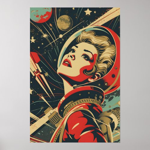 Soviet Themed Astronaut Woman Poster