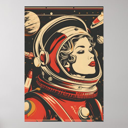 Soviet Themed Cosmonaut Woman Poster