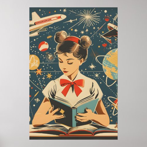 Soviet Themed Retro Girl Learning Poster
