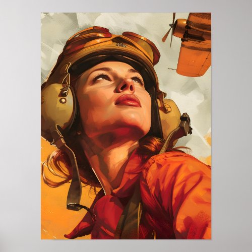 Soviet Themed Retro Woman Looking At Plane Poster