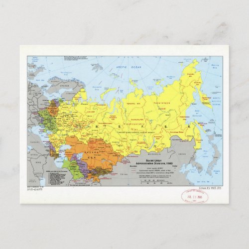 Soviet Union Administrative Divisions Map 1983 Postcard