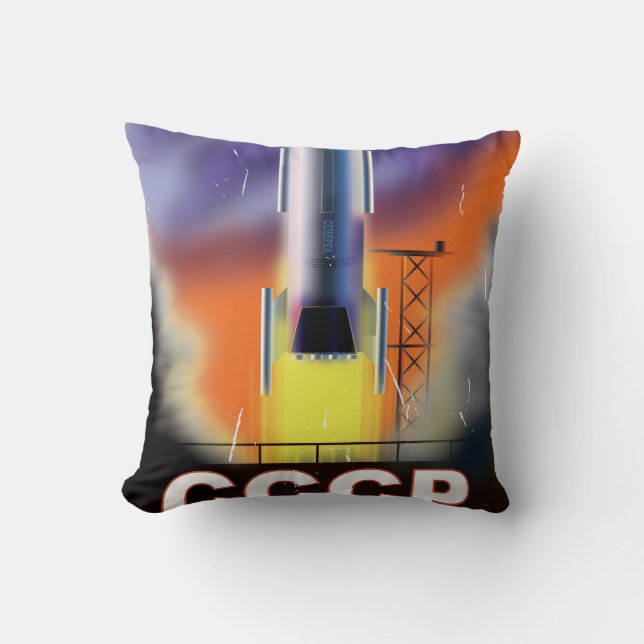 Soviet Union Retro Space Rocket Poster Throw Pillow (Front)
