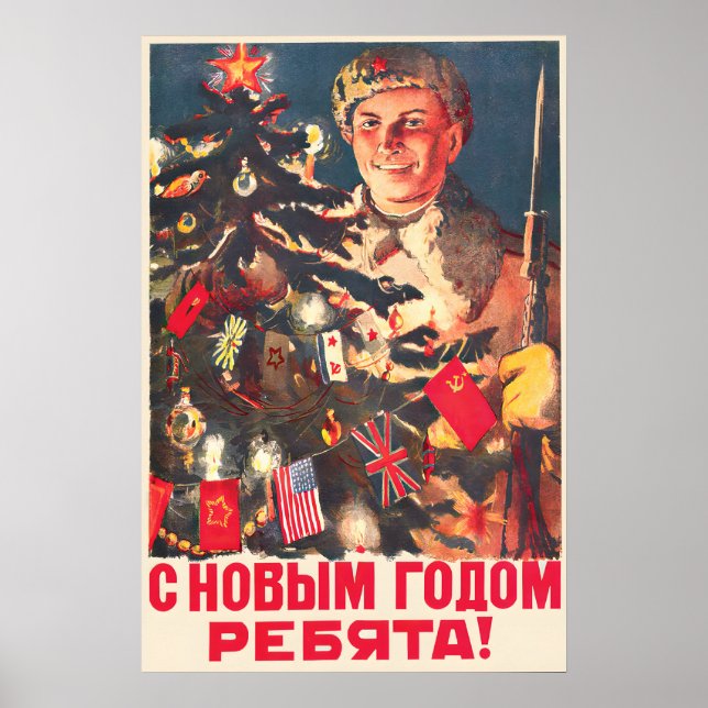 Soviet WWII Happy New Year Propaganda Poster, Red Poster (Front)