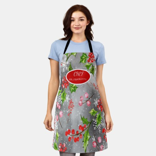 Sowflakes Holly Berry BranchesGray Holiday  Apron