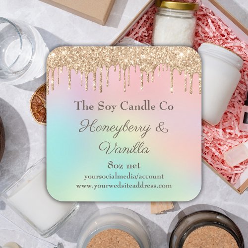 Soy Candle Dripping Rose Gold Glitter 3 inch Square Sticker