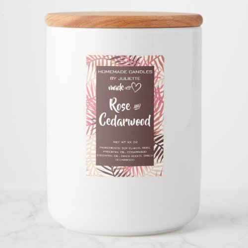 Soy Candle Tropical Leaves Pink Burgundy Packaging Food Label