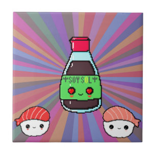 Soy sauce and sushi kawaii pixel art rainbow ceramic tile