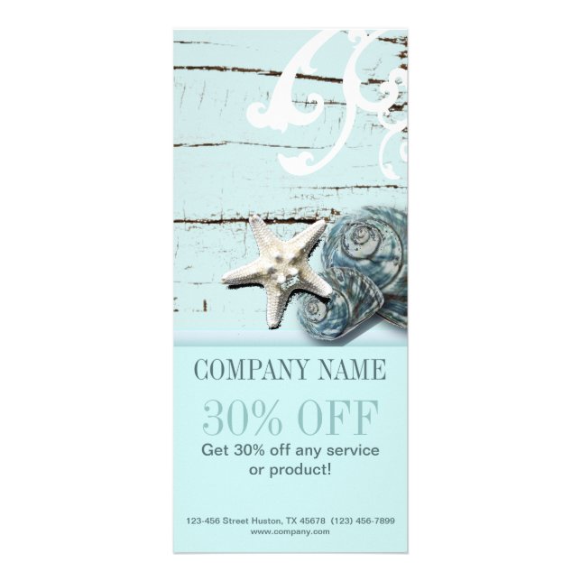 SPA aqua blue beach wood starfish seashells Rack Card (Front)