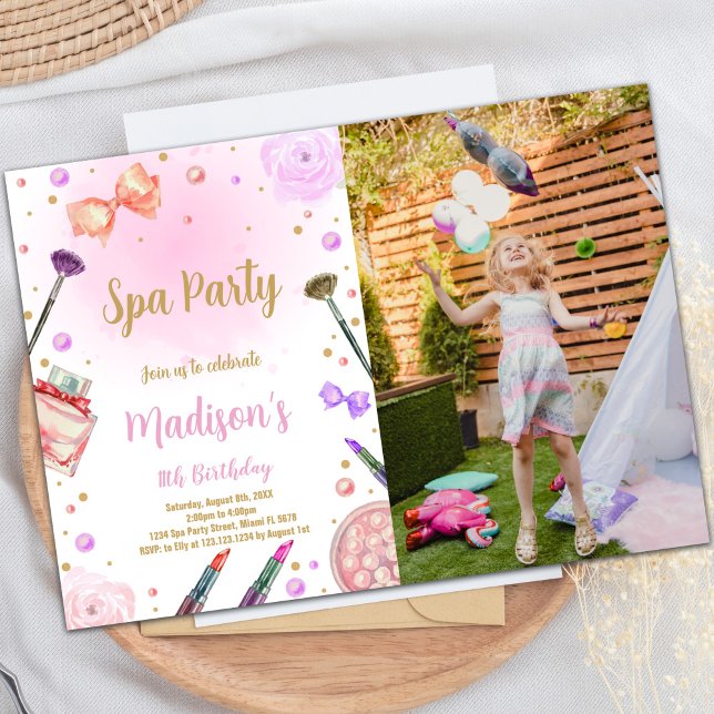 Spa Birthday Invitation with Photo (Purple Spa Birthday Invitations with photo)