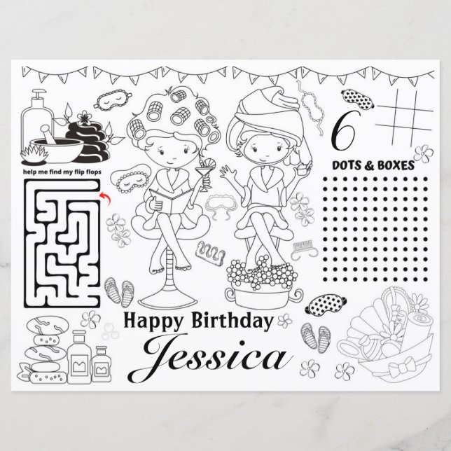 Spa birthday party activity coloring games (Front)