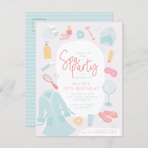 Spa birthday party invitation postcard