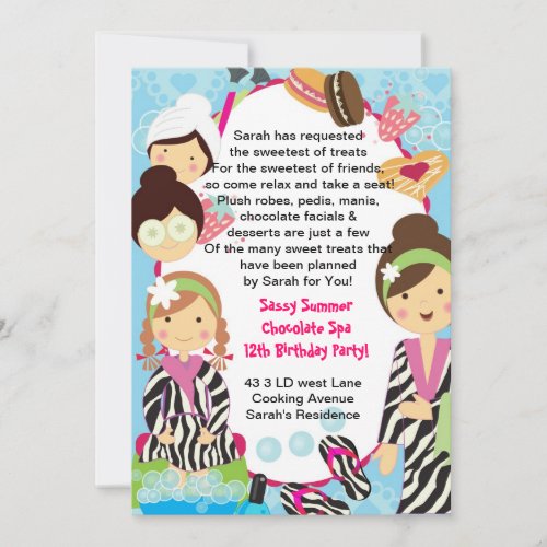 Spa Birthday Party zebra and cookies Custom Announcements