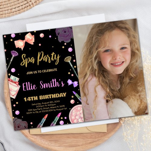 Spa Black Glitter Photo Spa Birthday Invitations