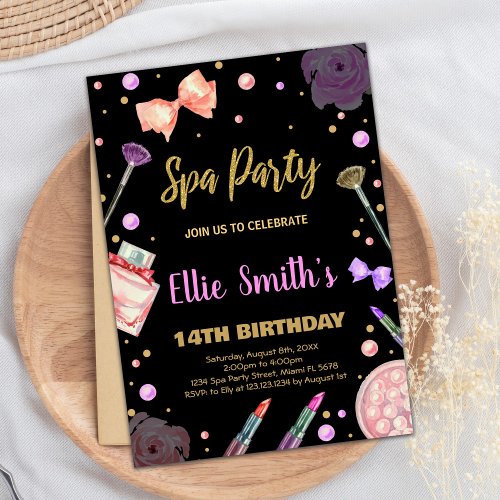 Spa Black Glitter Spa Birthday Invitations