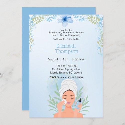 Spa Day Bachelorette Party Blue Floral  Invitation